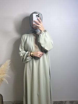 Abaya vert d’eau Col brodé